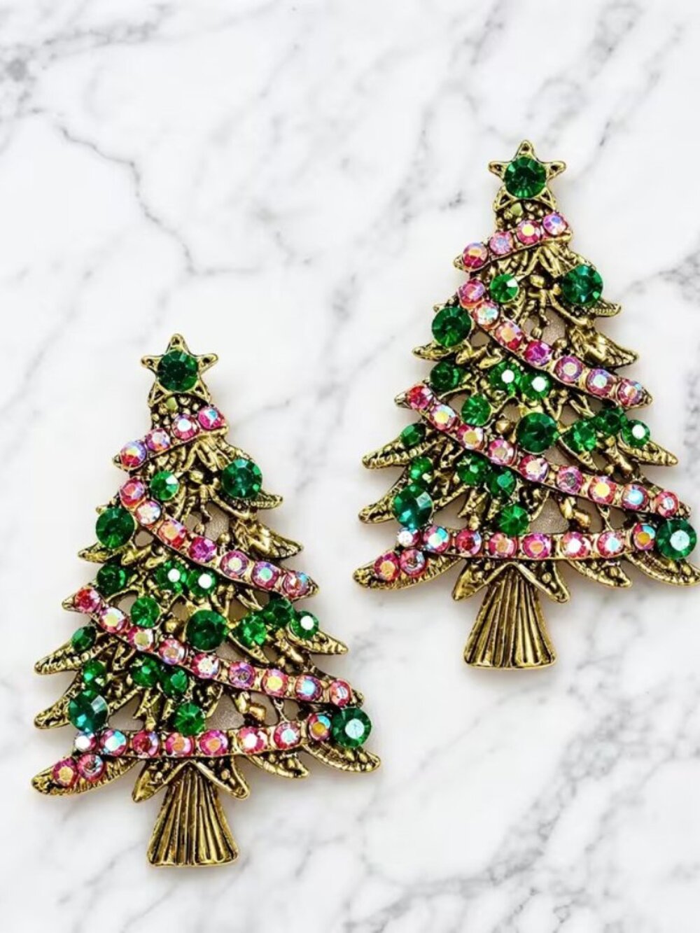 Set of 2 Exquisite Seasonal Yule Time Holiday Xmas Tree Brooch w Rhinestones